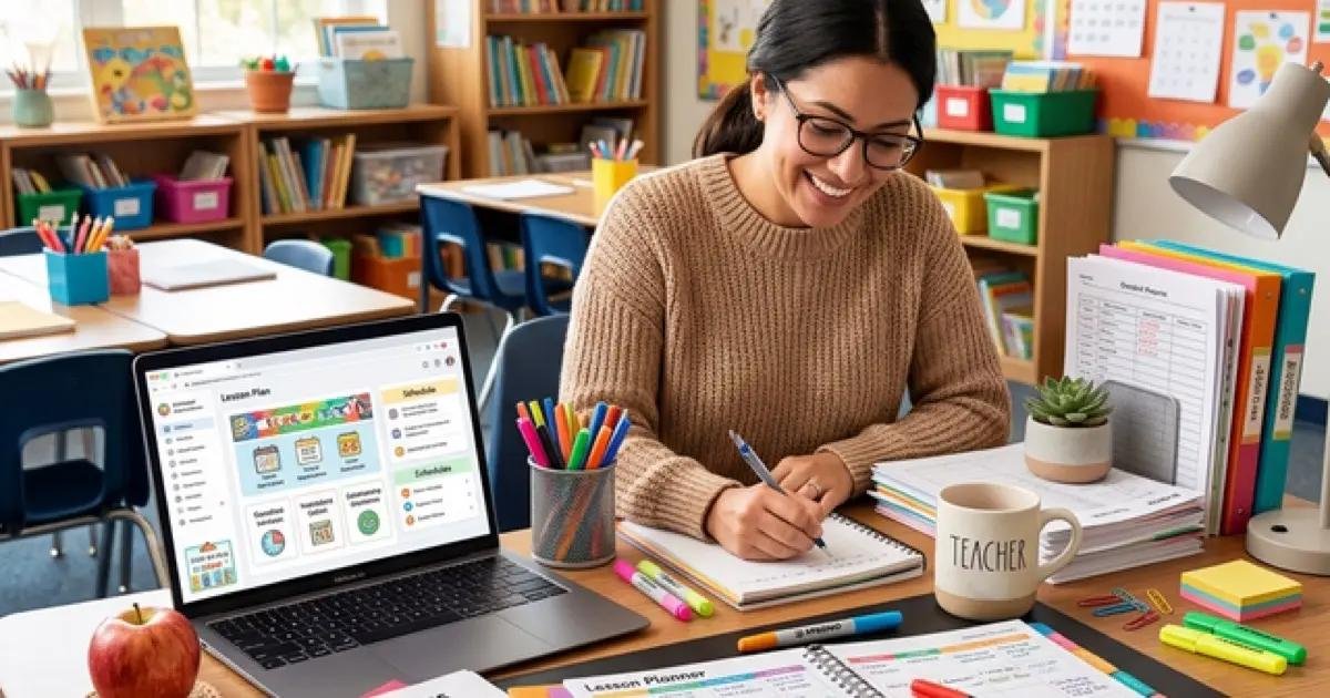 Professora planejando atividades pedagógicas com computador e materiais didáticos